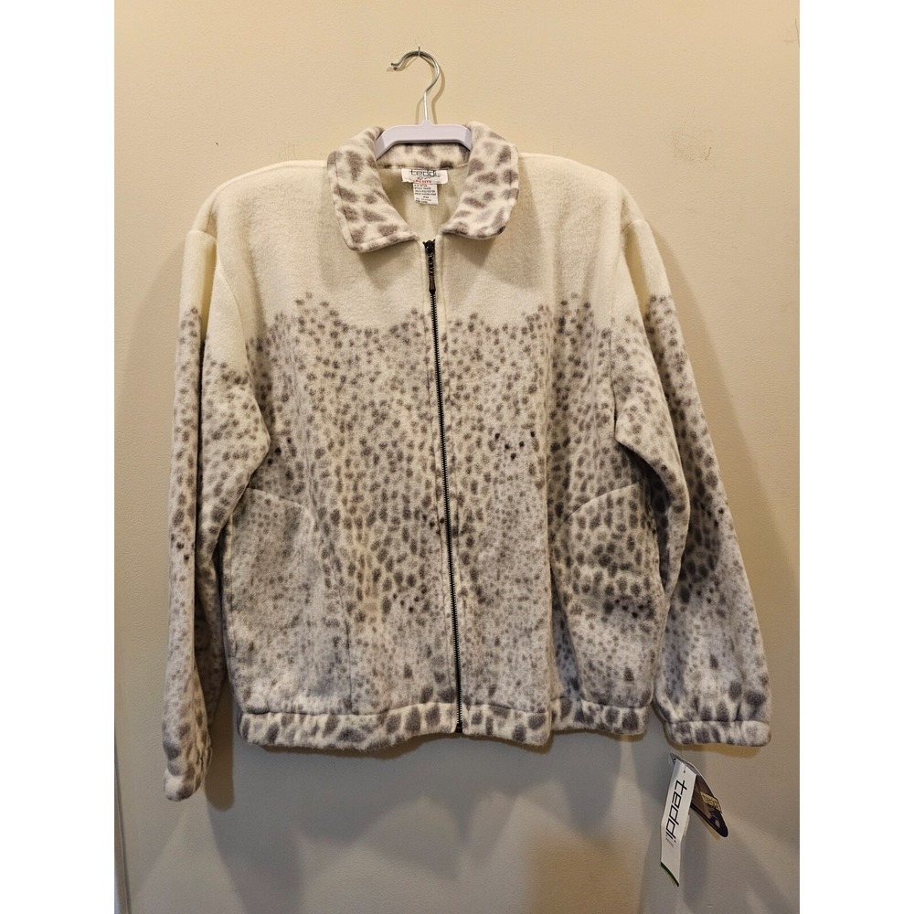 Teddi Fleece Jacket Women PM Cream Gray Leopard Print Full Zip Collared NWT